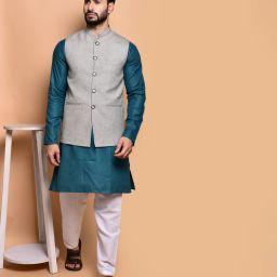 Men Pure Cotton Kurta Pyjama Ethnic Jacket Set-image-90