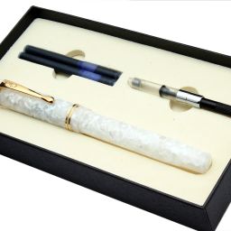 Renaissance Premium Acrylic White Marbled Body Golden Trims Flex Nib Fountain Pen-image-8