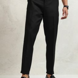 Men Tapered Black Cotton Blend Trousers-image-2