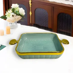 Square Ceramic Serving Deep Platter with Side Handles, Desserts, Snacks (Blue) Tray-image-2