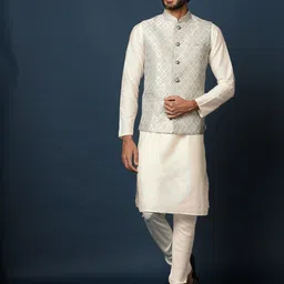 KISAH Mandarin Collar Kurta with Churidar & Woven Design Nehru Jacket-18