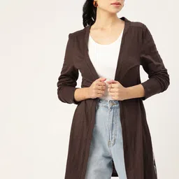 DressBerry Women Coffee Brown Pure Cotton Solid Longline Shrug-22