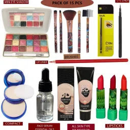 makeup kit combo pack box set of 15 daily use makeup products with EYESHADOW,MAKEUP BRUSHES,KAJAL,EYELINER,LIPLINER,FACE POWDER,FOUNDATION,ESSENTIAL OIL FACE SERUM,LIPSTICKS-image-38