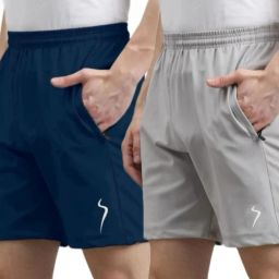 Pack of 2 Printed Men Dark Blue, Grey Sports Shorts-image-86