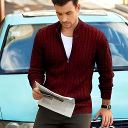Men Self Design Turtle Neck Maroon Sweater-81