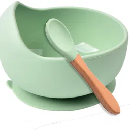 Baby Feeding Bowl and Spoon Set, Silicone Suction Base and Wooden Spoon- Silicone-image-79
