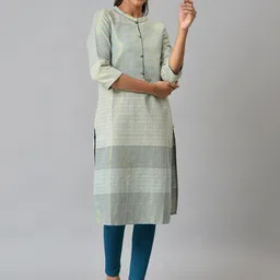 AURELIA Women Geometric Woven Design Mandarin Collar Cotton Kurta-picture-18