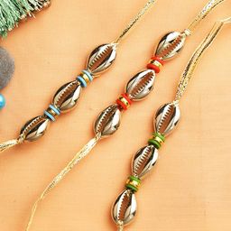 Aapno Rajasthan Set of 3 Golden Shell Beaded Rakhi with Roli Chawal & Greetings Card-image-67