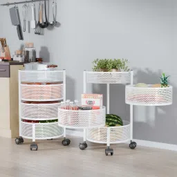 Pack of 2 Kitchen 3+1 Layer Metal Storage Rack with Wheels | Round Shape - White Iron Kitchen Trolley-33