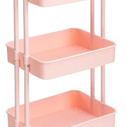 3 Tier Utility Cart Plastic Tray Metal Pipe Organizer with Handle Lockable Wheel Plastic, Steel Kitchen Trolley-image-5