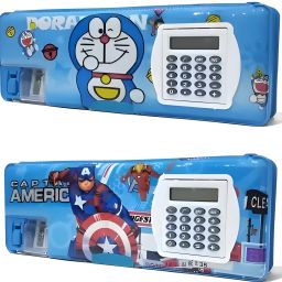 Combo Pack Magnetic Closure Built-in Calculator Integrated Sharpener Cartoon Printed Design Spacious Interior Perfect for Gifting Art Plastic Pencil Box-30