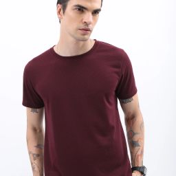 Popcorn Structured Men Solid Round Neck Cotton Blend Maroon T-Shirt-image-23