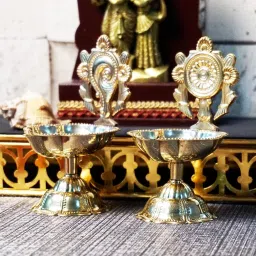 Diya for Puja | Pooja-Shanku Chakra Star Diya Set (Medium) Brass (Pack of 2) Table Diya-picture-11