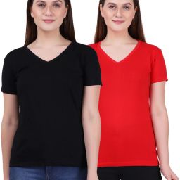 Pack of 2 Womens V Neck Half Sleeve Tshirt Women Solid V Neck Pure Cotton Red, Black T-Shirt-image-97