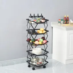 5-Layer Collapsible Kitchen Rack|360-Degree Rotable Kitchen Trolley (Black) Steel Kitchen Trolley-6