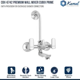 kamal Wall Mixer - Cubix Prime| Heavy Brass Build (With Provision for overhead shower connection and 165mm long bend pipe) | Easy to use click type diverter cartridge Mixer Faucet image 2