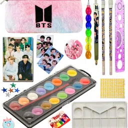 BTS Stationery Return Gift Set Combo-15Pcs for School Supply Set for BTS Theme Birthday Gift Set for BTS Pencil Pouch with All Stationery for Kids BTS Gift Set Art Plastic Pencil Box-17
