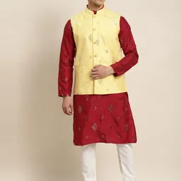 SOJANYA Men Maroon Embroidered Mirror Work Kurta with Pyjamas With Nehru Jacket-3