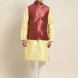SOJANYA Men Yellow Embroidered Mirror Work Kurta with Pyjamas With Nehru Jacket-picture-17