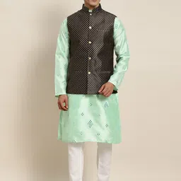 SOJANYA Men Sea Green Embroidered Mirror Work Kurta with Pyjamas With Nehru Jacket-picture-16