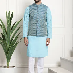 SOJANYA Men Blue Chikankari Pure Cotton Kurta with Churidar & Nehru Jacket-picture-31