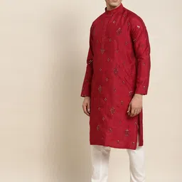 SOJANYA Men Maroon Embroidered Mirror Work Kurta with Pyjamas With Nehru Jacket image 2