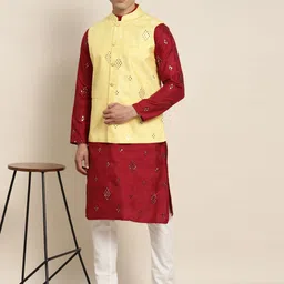 SOJANYA Men Maroon Embroidered Mirror Work Kurta with Pyjamas With Nehru Jacket image 4