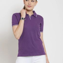 Women Solid Polo Neck Pure Cotton Purple T-Shirt-image-2