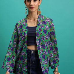Tokyo Talkies Green & Purple Floral Printed Open Front Shrug-30