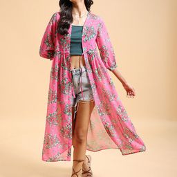 KETCH Floral Printed Longline Open Front Shrug-19