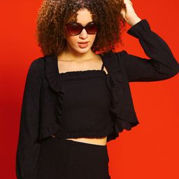 Sera Black Bell Sleeves Ruffles Strechable Crop Open Front Shrug-26