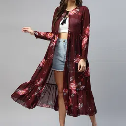 DEEBACO Floral Printed Longline Tie-Up Shrug-33