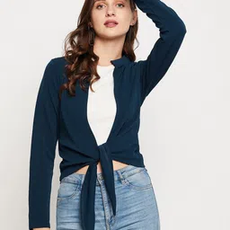 LE BOURGEOIS Women Teal Blue Tie-Up Shrug-49