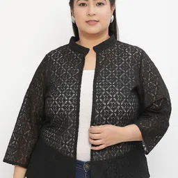 UnaOne Women Self Design Lace Cotton Open Front Collared Shrug-22