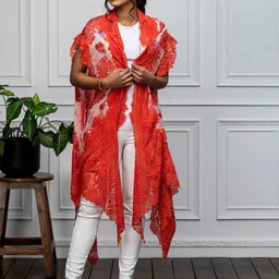 Rhe-Ana Floral Printed Lace Detail Modal Longline Open Front Shrug-12
