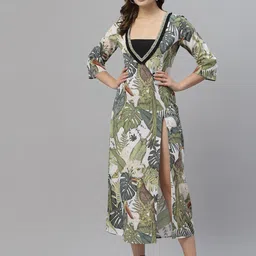 KASSUALLY Women Olive Green & White Printed Longline Shrug-picture-16