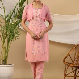 Juniper Ethnic Motifs Printed Sequinned Kurta & Trousers Shrug-image-2
