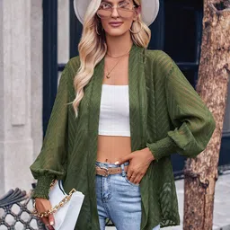 StyleCast Green Self Design Sheer Open Front Longline Shrug image 2