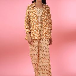 JISORA Mustard Yellow & Beige 3 Pieces Ethnic Motifs Printed Pure Cotton Night Suit-image-6