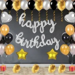 A-Cursive Silver Foil Banner + Golden Black and Silver Metallic 30 Pcs-image-20