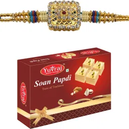 Red pearl kundan rakhi set for brother with sweets 200 gm soan papdi pack Assorted Gift Box-image-59
