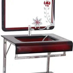 Wash Basin With Mirror Shelf & Steel Stand. RED FLOWER SMALL SIZE 17"*18" Wall Hung Basin-image-3