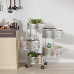 4+1 Layer Kitchen Metal Storage Rack with Wheels | Round Shape - Silver Iron Kitchen Trolley-71