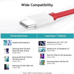 CEDO Type C 2 A 1 m Warp Charge Type-C 65WT Data Cable Compatible One Plus 8T/9/9pro/9/nord 2/9r Red image 4