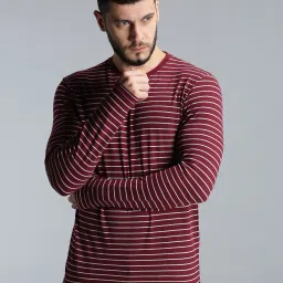 Men Striped Round Neck Pure Cotton Maroon T-Shirt-image-46