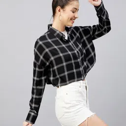 chimpaaanzee Women Oversized Fit Checkered Spread Collar Casual Shirt-picture-25