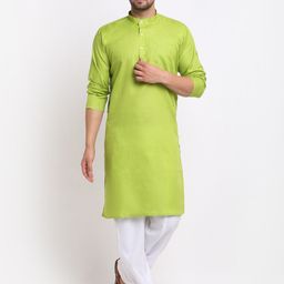 Benstoke Men Lime Green Solid Regular Cotton Blend Kurta with Pyjamas-picture-13