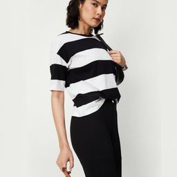 max Women Striped Round Neck Pure Cotton Black T-Shirt-picture-7
