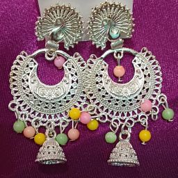 Traditional Peacock Motif with Crescent Detailing Silver Chandbali Earring-image-45