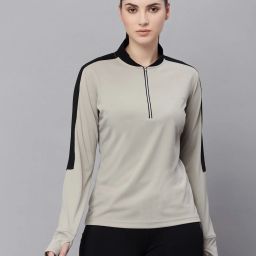 Women Colorblock High Neck Polyester Grey T-Shirt-image-38